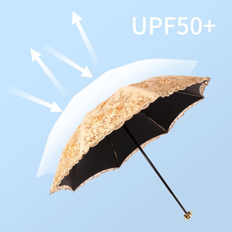 Aikelai Vintage Lace Umbrella, UPF50+ Sun Umbrella, 3D Flower Chinese Embroidery Compact Folding Umbrella for Walking, Wedding, Tea Party,Photo Shooting - Image 4